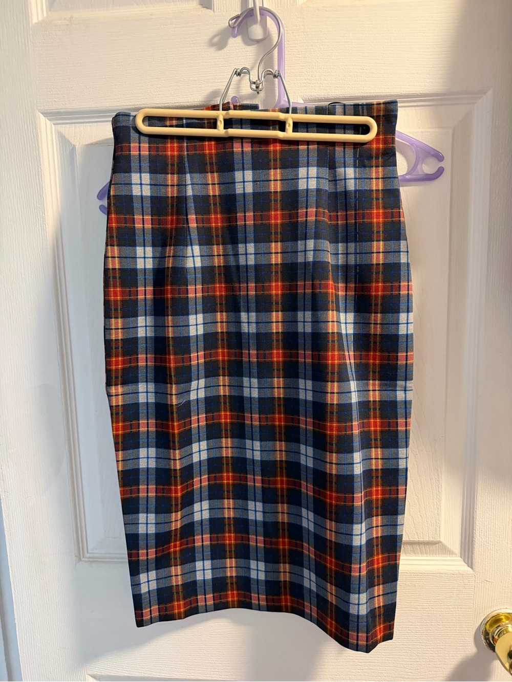 Plaid Pencil Skirt in Navy, Light Blue & Red
